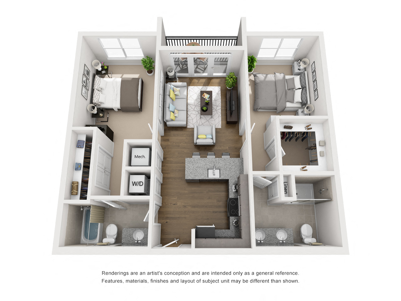 Floor plan for 2 beds, 2 baths, 982 sqft